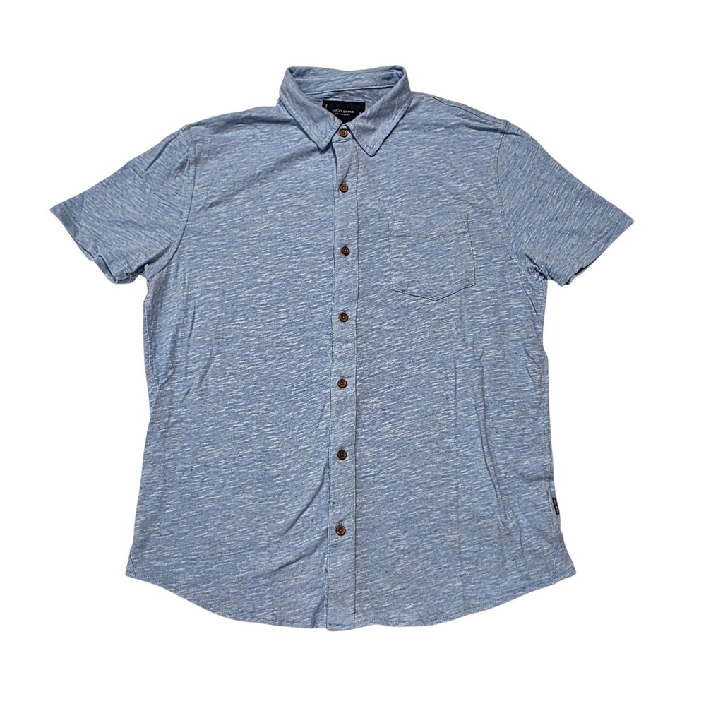 Lucky Brand 7M62696 Button Down Shirt Mens Medium Blue Slub Knit Short Sleeve